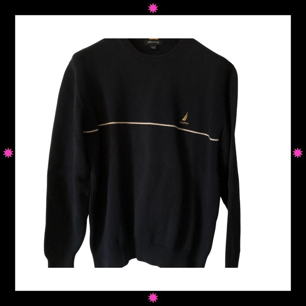 MEN'S NAVY BLUE SWEATER WITH WHITE STRIPE BY NAUTICA MEDIUM